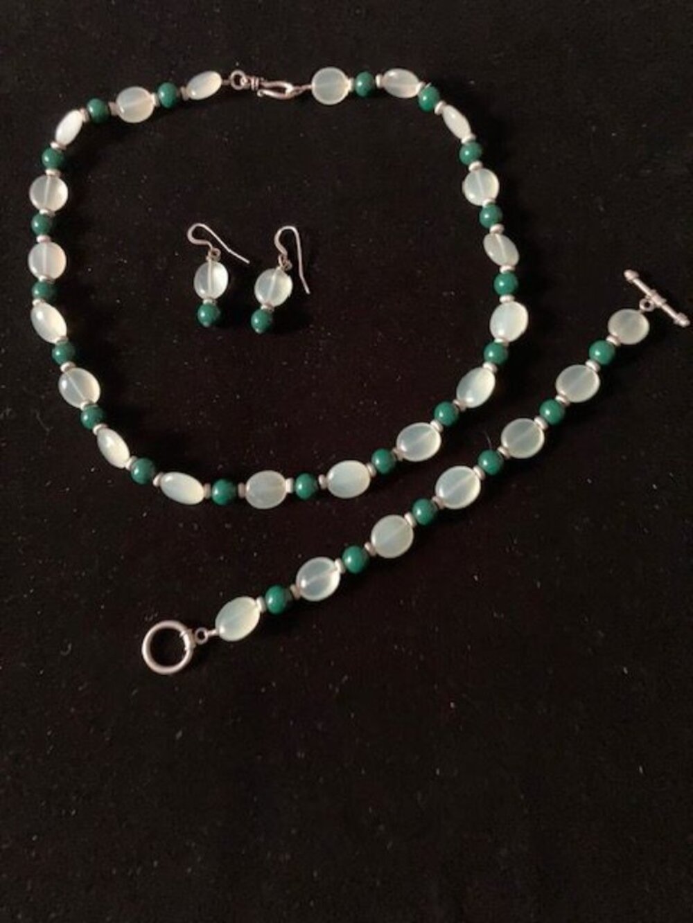 Green and Silver Beaded Necklace, Bracelet and Earring Set